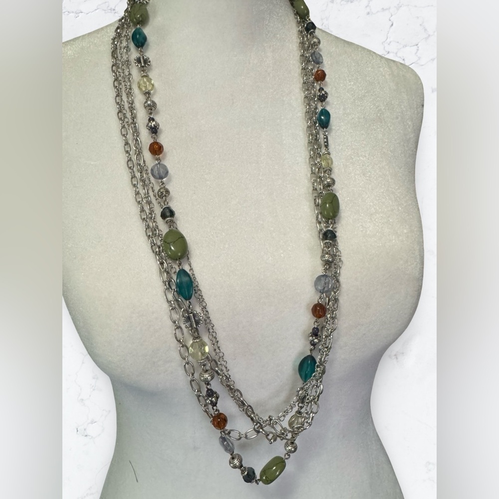 Premier Designs Costa Rica Necklace Multi Strand Chain Silver Tone 32” Beads